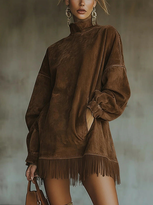 Damen Kleid | Stehkragen Fransen Saum