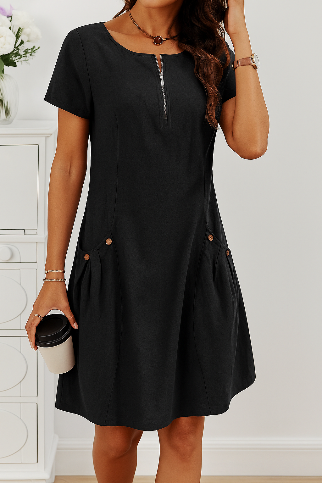 Damen Kleid | Reißverschluss Taschen Kurzarm