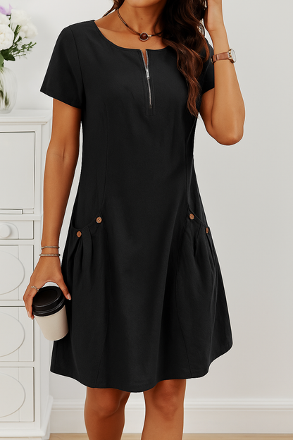 Damen Kleid | Reißverschluss Taschen Kurzarm