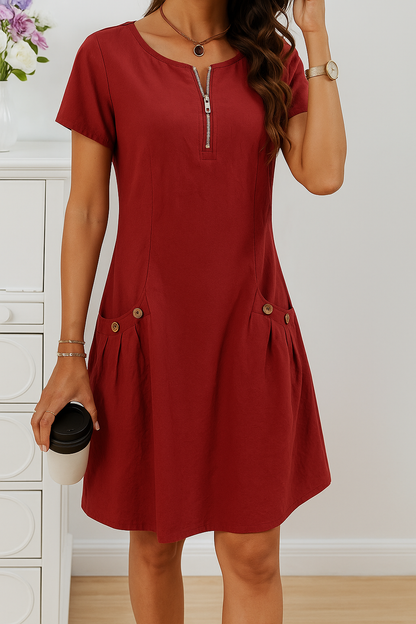 Damen Kleid | Reißverschluss Taschen Kurzarm