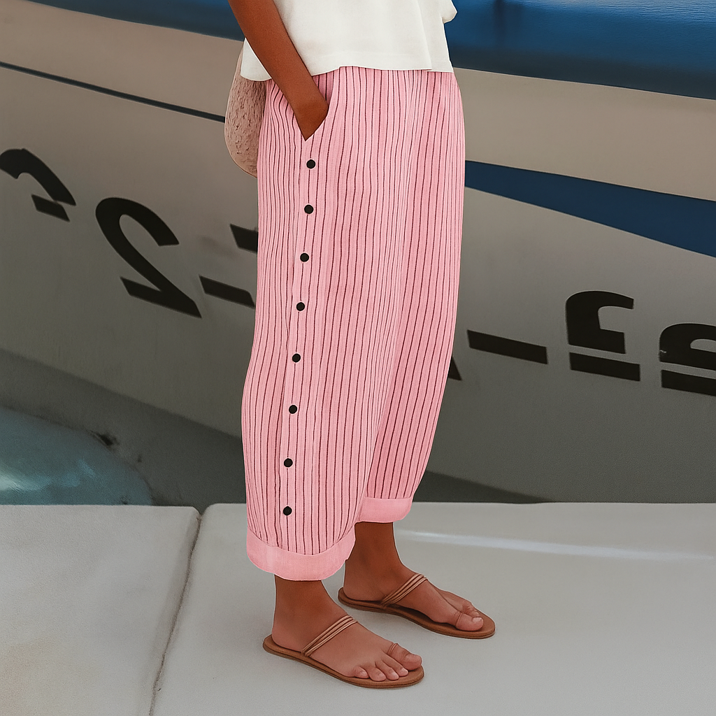 Damen Hosen | Gestreift mit Knopfdetail