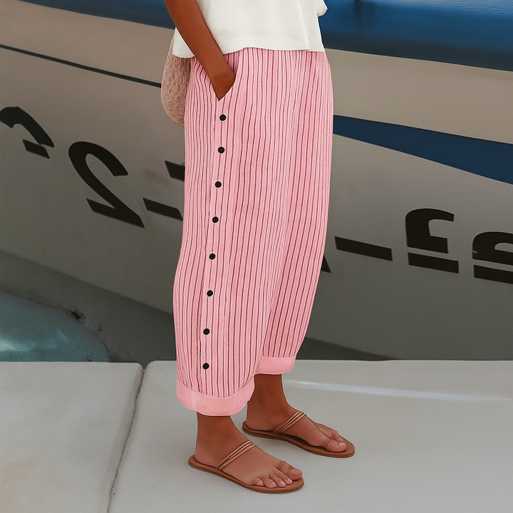 Damen Hosen | Gestreift mit Knopfdetail