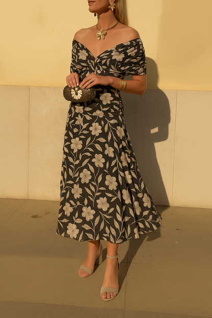 Damen Kleid | Off-Shoulder Midi mit Blumenmuster