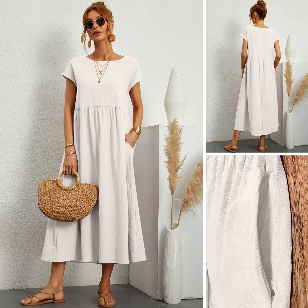 Damen Kleid | Rundhals Taschen Midi