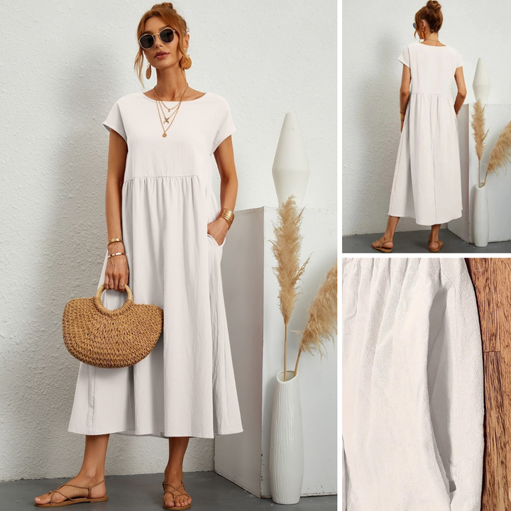 Damen Kleid | Rundhals Taschen Midi