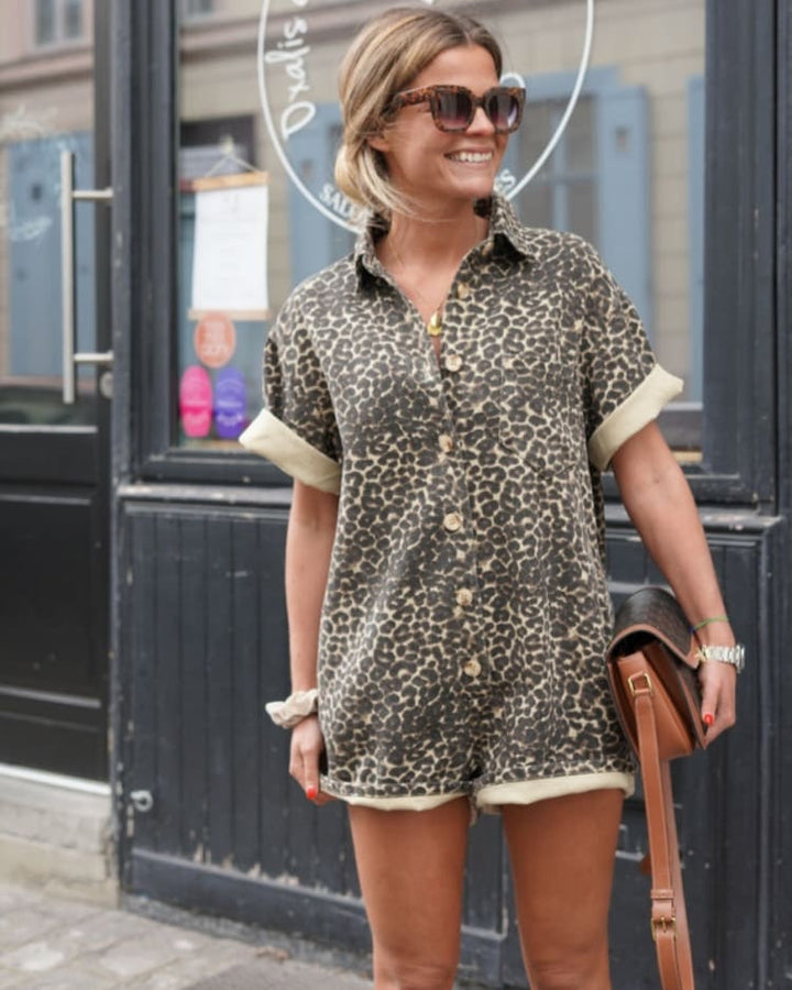 Damen Jumpsuit | Leopardenmuster Knopfleiste Kurzarm
