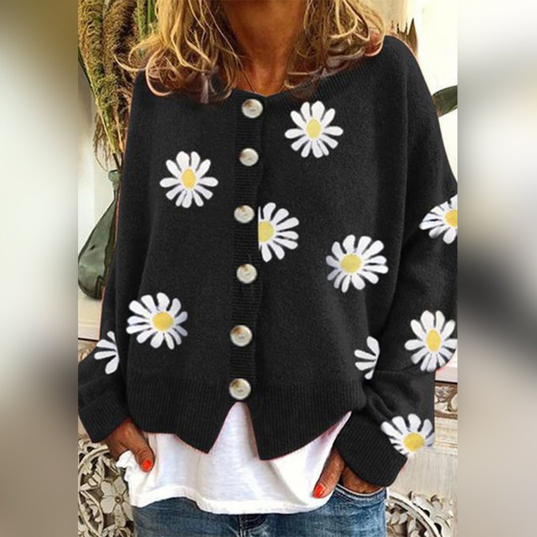 Pullover Damen Blumenmuster | Mit Knopfverschluss