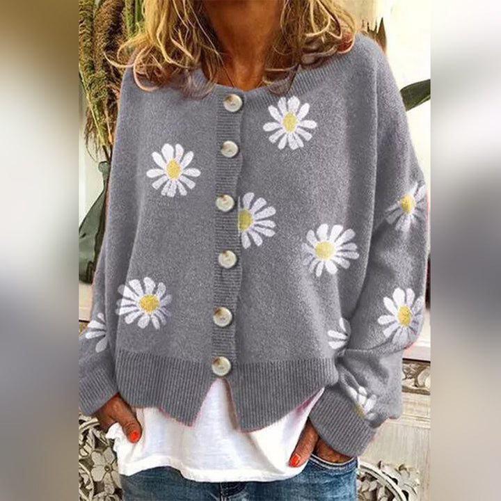 Pullover Damen Blumenmuster | Mit Knopfverschluss