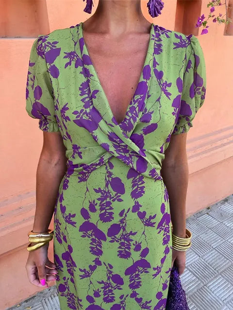 Damen Kleid | Print Puffärmel V-Ausschnitt