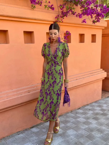 Damen Kleid | Print Puffärmel V-Ausschnitt