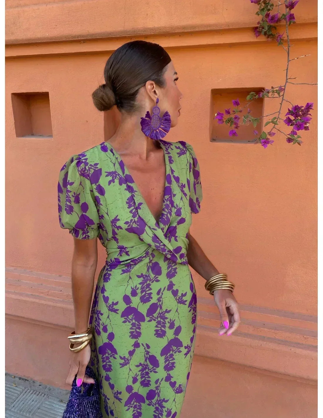 Damen Kleid | Print Puffärmel V-Ausschnitt
