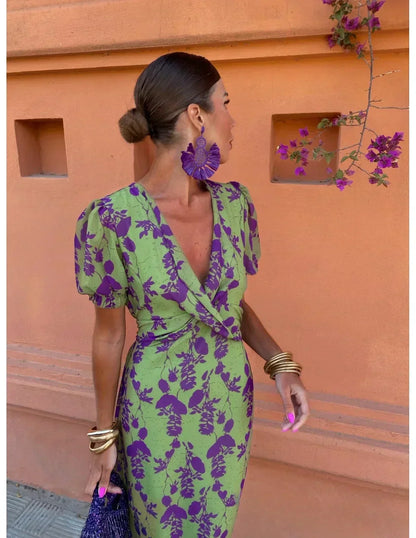 Damen Kleid | Print Puffärmel V-Ausschnitt