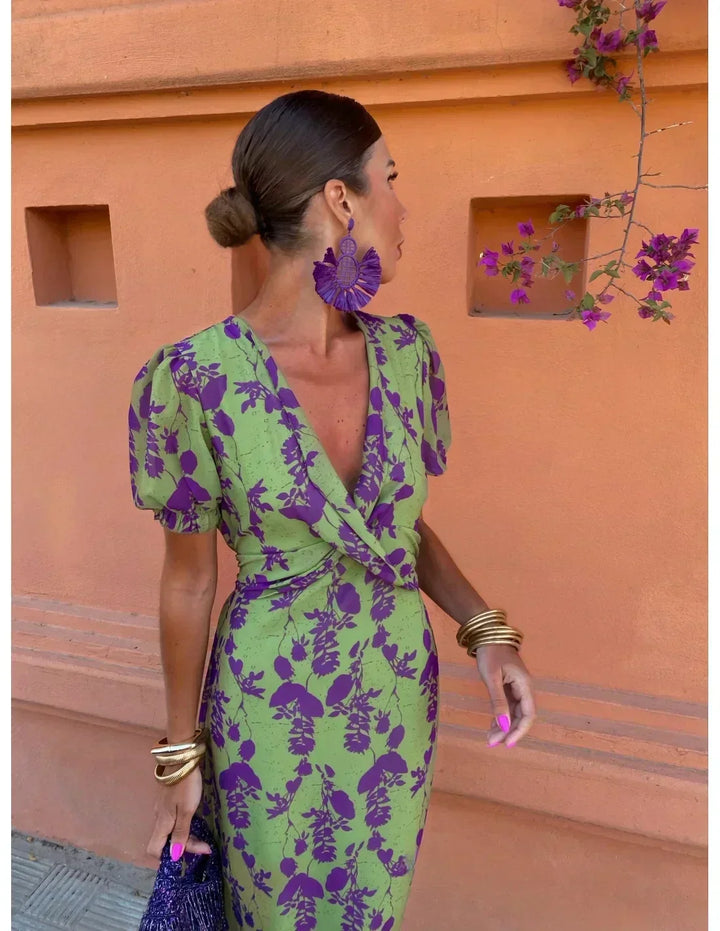 Damen Kleid | Print Puffärmel V-Ausschnitt
