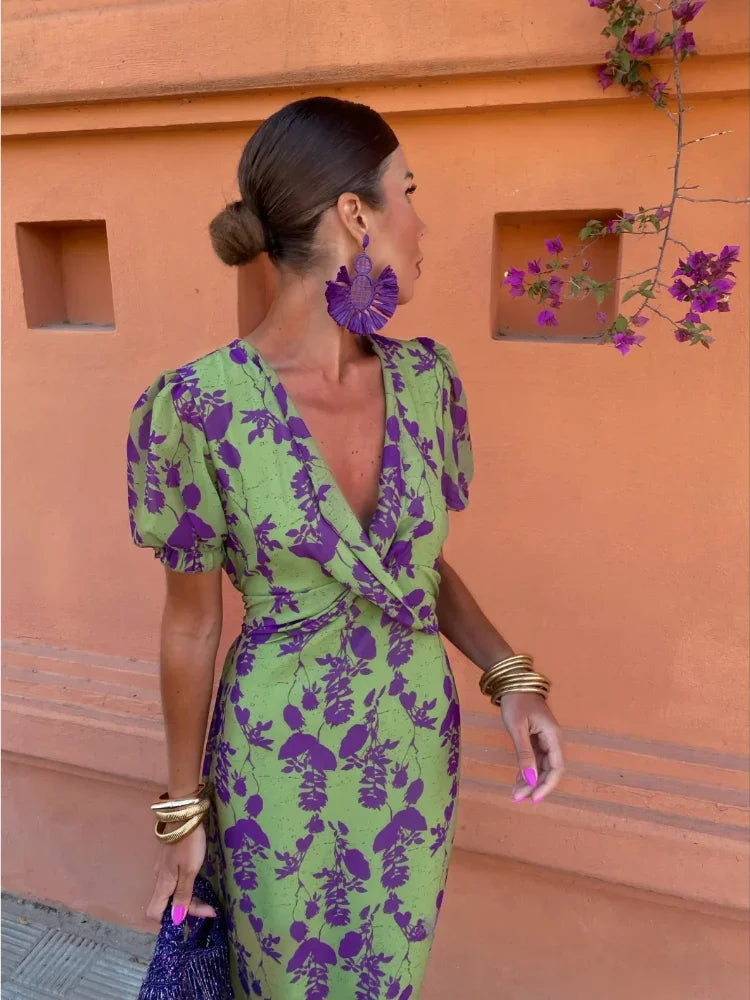 Damen Kleid | Print Puffärmel V-Ausschnitt