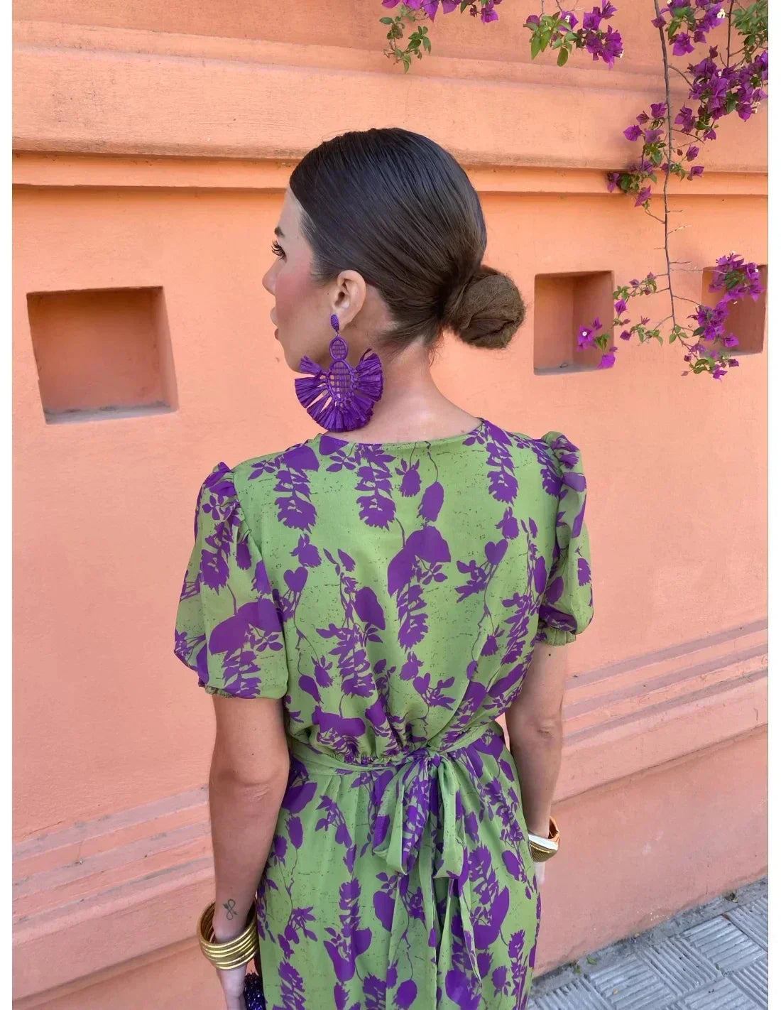 Damen Kleid | Print Puffärmel V-Ausschnitt