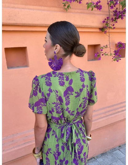 Damen Kleid | Print Puffärmel V-Ausschnitt