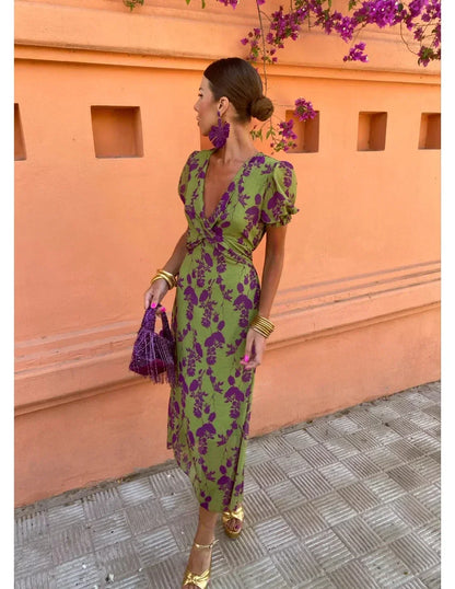 Damen Kleid | Print Puffärmel V-Ausschnitt