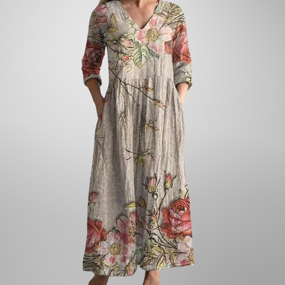 Damen Kleid | Lockeres Blumenmuster V-Ausschnitt