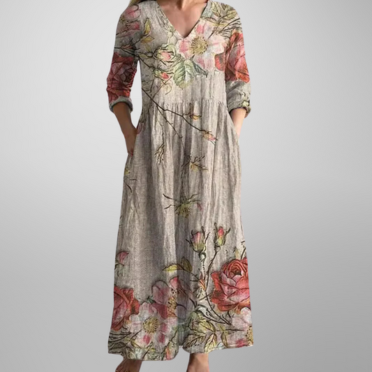 Damen Kleid | Lockeres Blumenmuster V-Ausschnitt