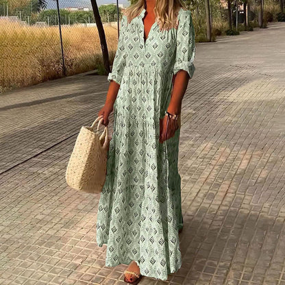 Damen Kleid | Blättermuster V-Ausschnitt Maxi