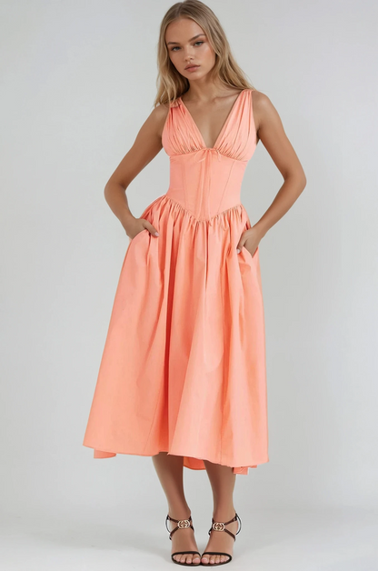 Damen Kleid | Blumenmuster V-Ausschnitt Midi