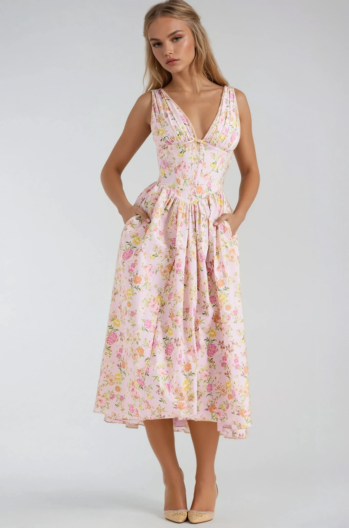 Damen Kleid | Blumenmuster V-Ausschnitt Midi