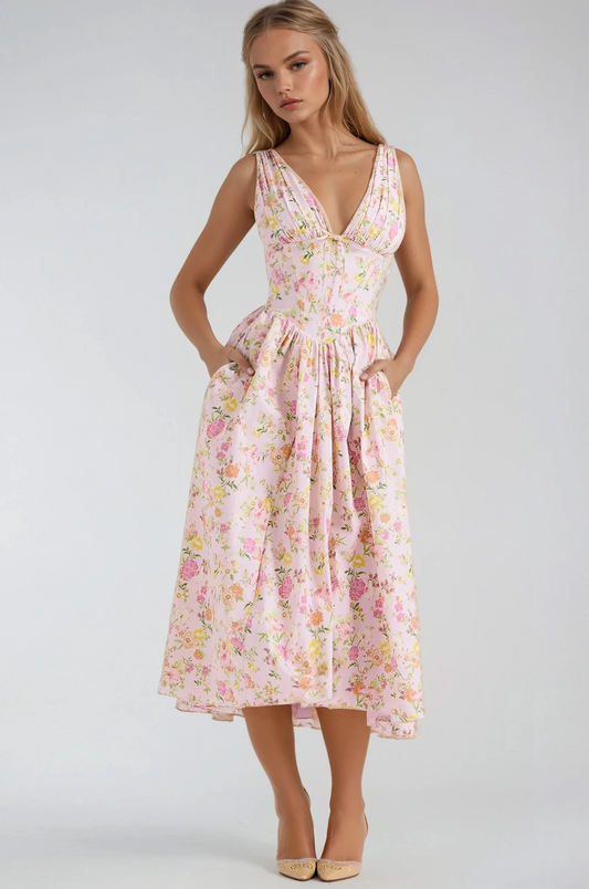 Damen Kleid | Blumenmuster V-Ausschnitt Midi