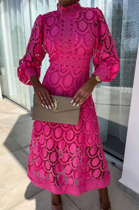Damen Kleid | Stehkragen Spitzen Design
