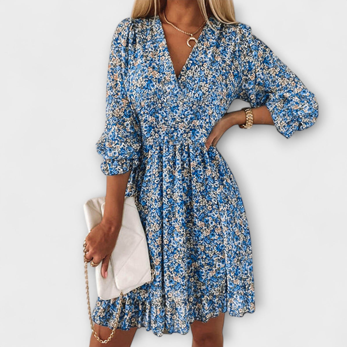 Damen Kleid | Blumenmuster V-Ausschnitt Rüschen