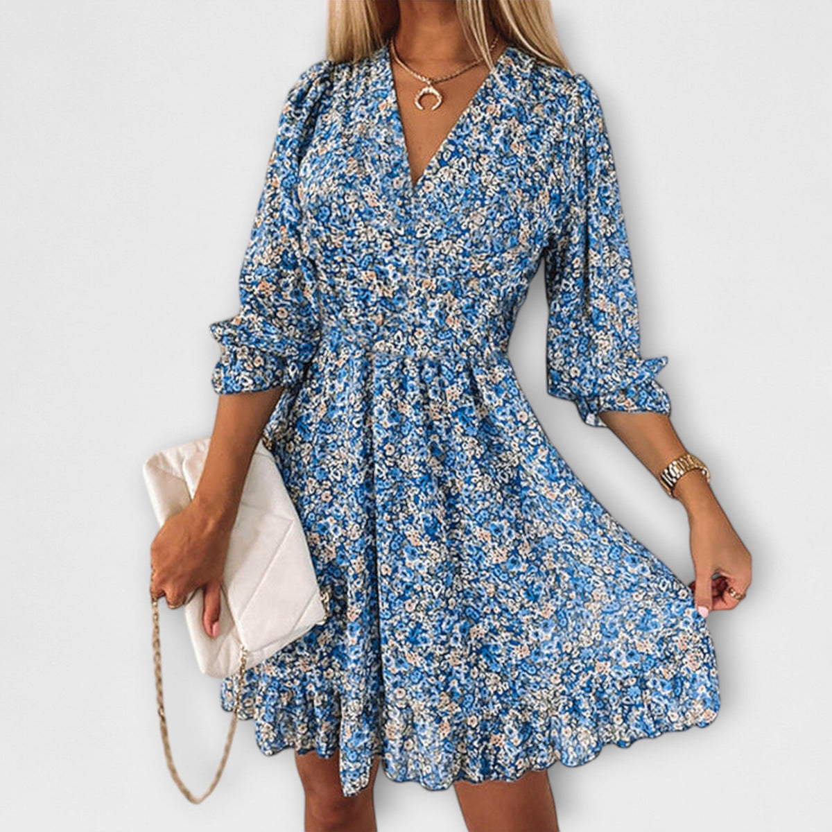 Damen Kleid | Blumenmuster V-Ausschnitt Rüschen