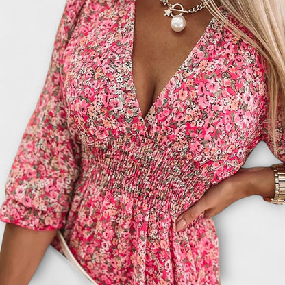 Damen Kleid | Blumenmuster V-Ausschnitt Rüschen