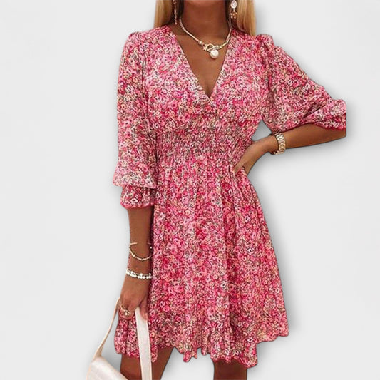 Damen Kleid | Blumenmuster V-Ausschnitt Rüschen