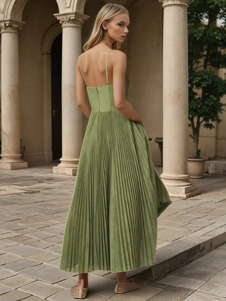 Damen Kleid | Spaghettiträger Plissee Midi