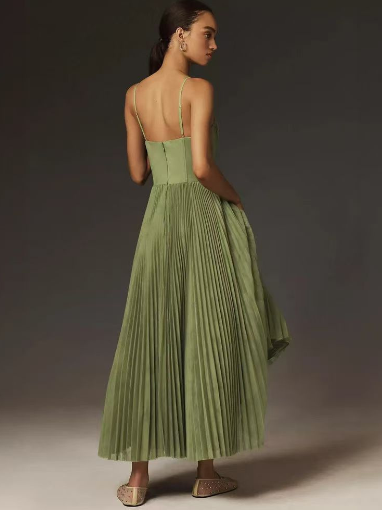 Damen Kleid | Spaghettiträger Plissee Midi
