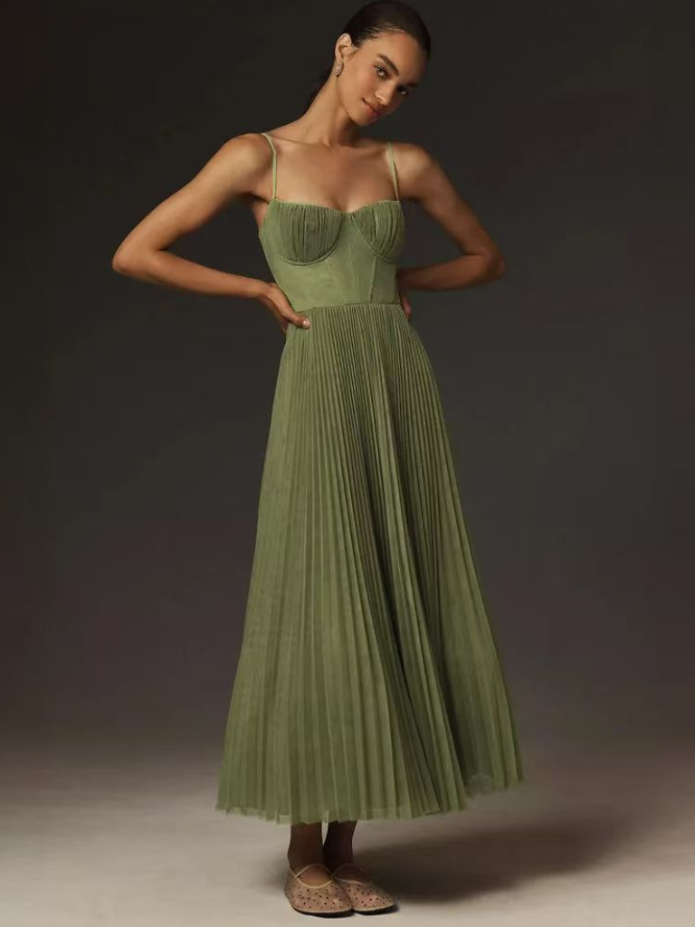 Damen Kleid | Spaghettiträger Plissee Midi