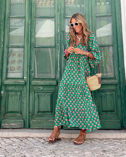 Damen Kleid | Print V-Ausschnitt Maxi