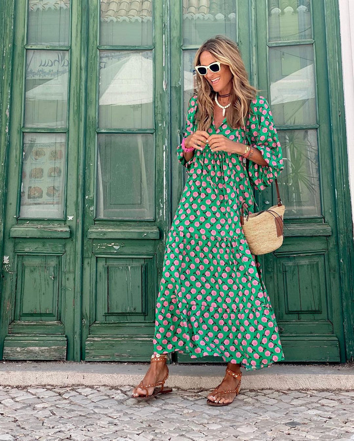 Damen Kleid | Print V-Ausschnitt Maxi