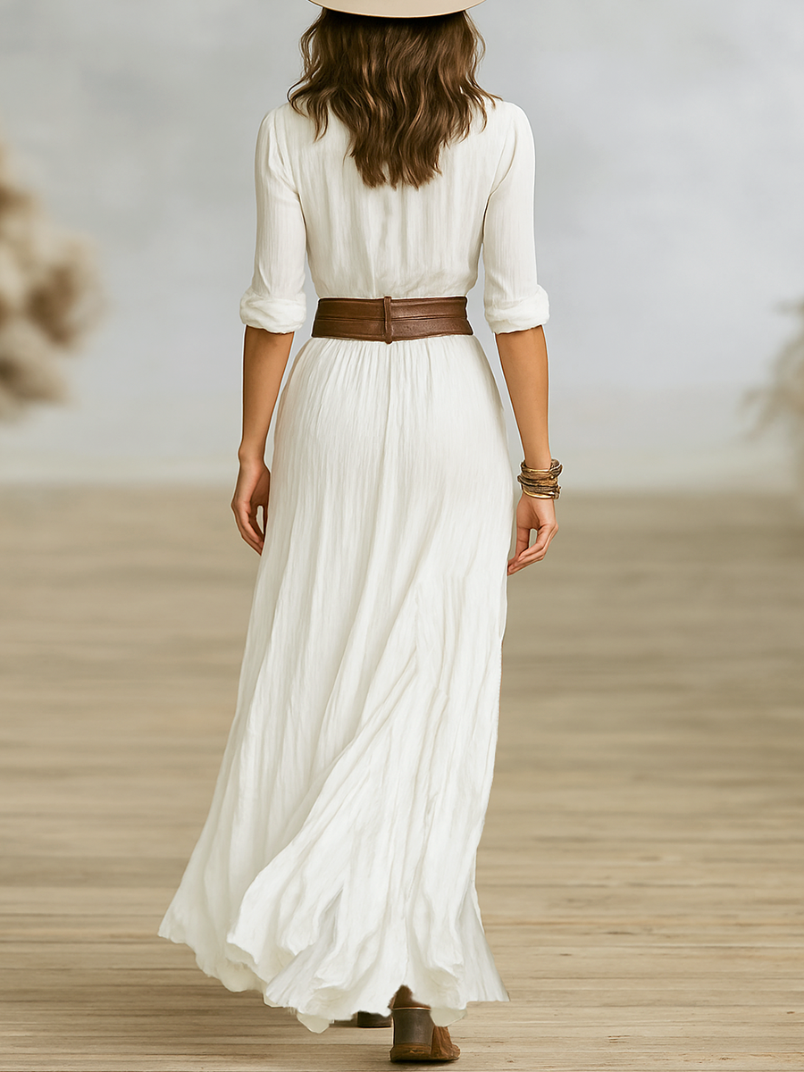Damen Kleid | Hemdkragen Langarm Maxi