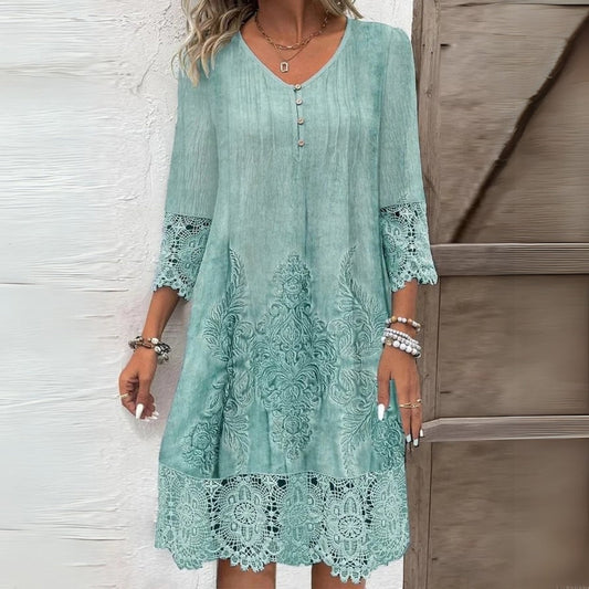 Damen Kleid | Stickerei Dreiviertelärmel Midi