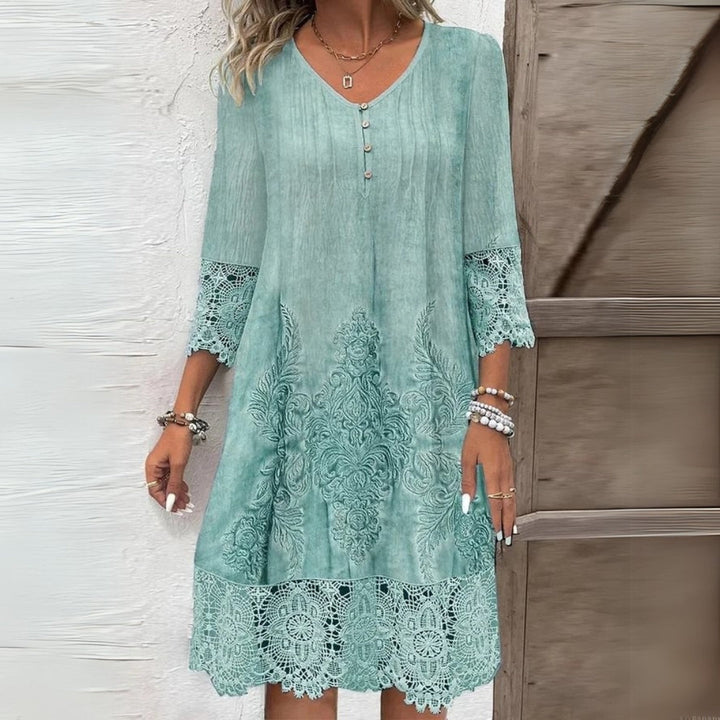 Damen Kleid | Stickerei Dreiviertelärmel Midi