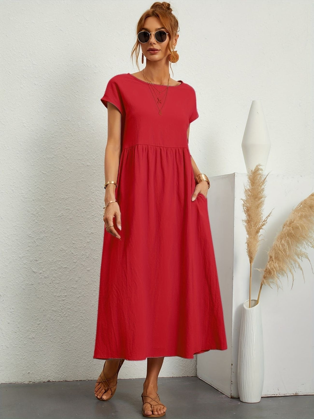 Damen Kleid | Rundhals Taschen Midi