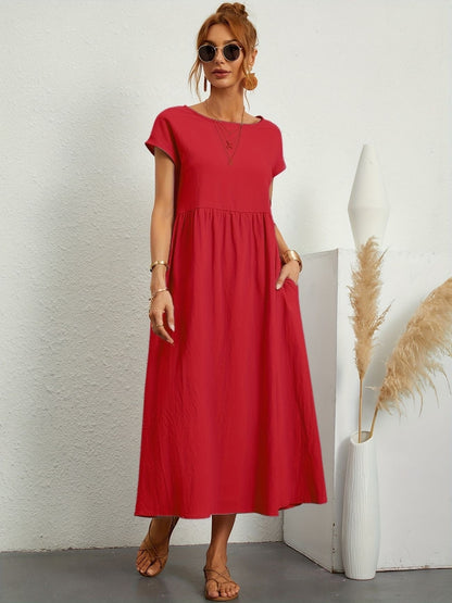 Damen Kleid | Rundhals Taschen Midi