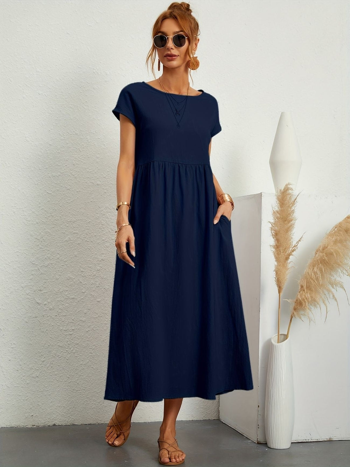 Damen Kleid | Rundhals Taschen Midi