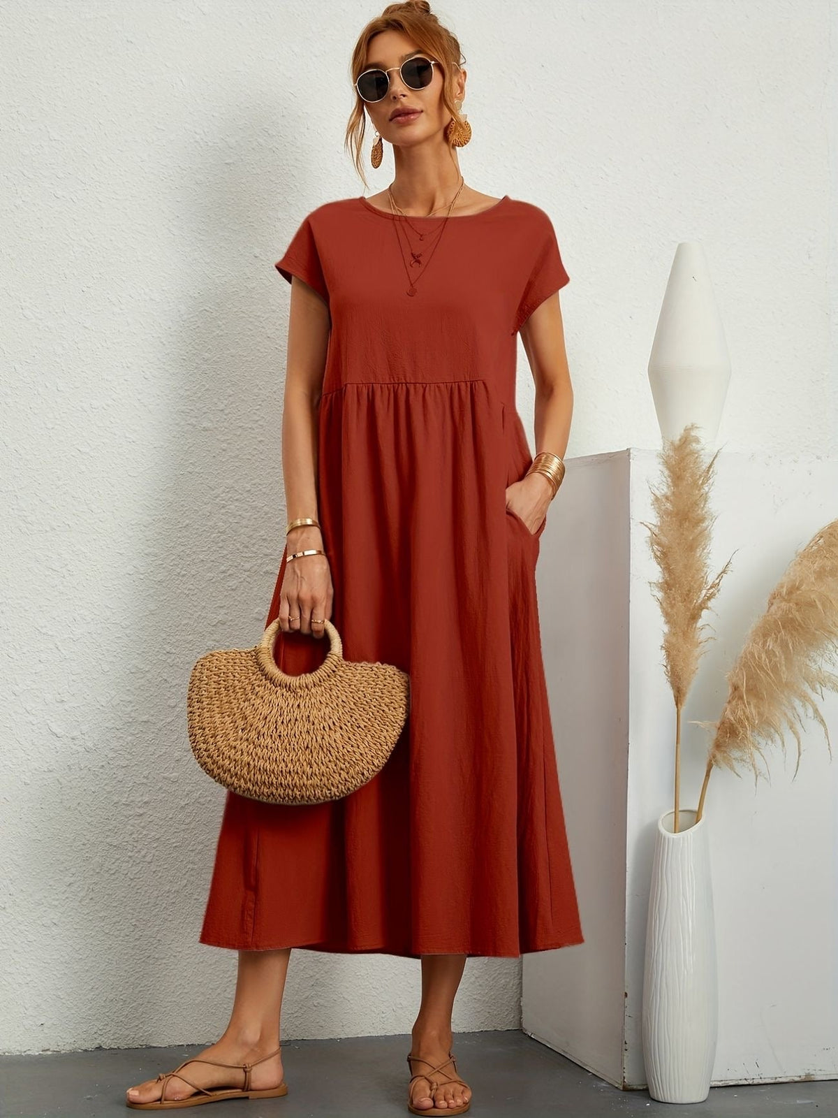 Damen Kleid | Rundhals Taschen Midi