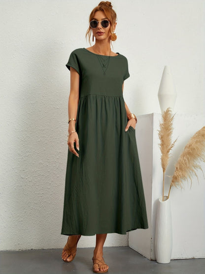Damen Kleid | Rundhals Taschen Midi