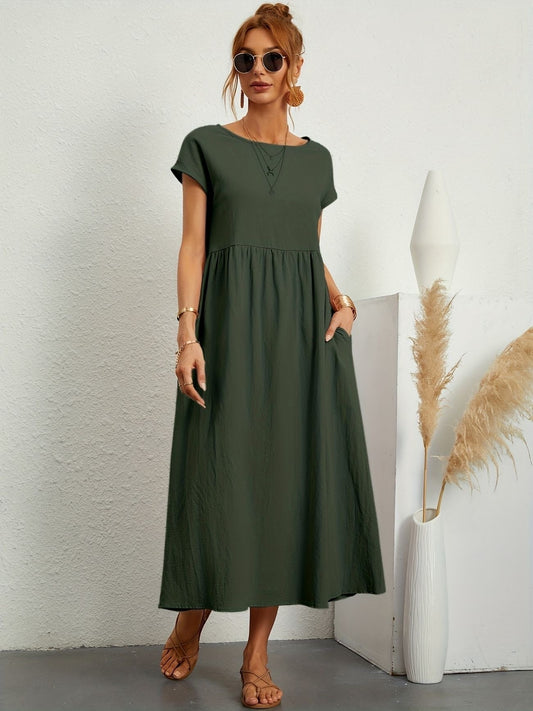 Damen Kleid | Rundhals Taschen Midi