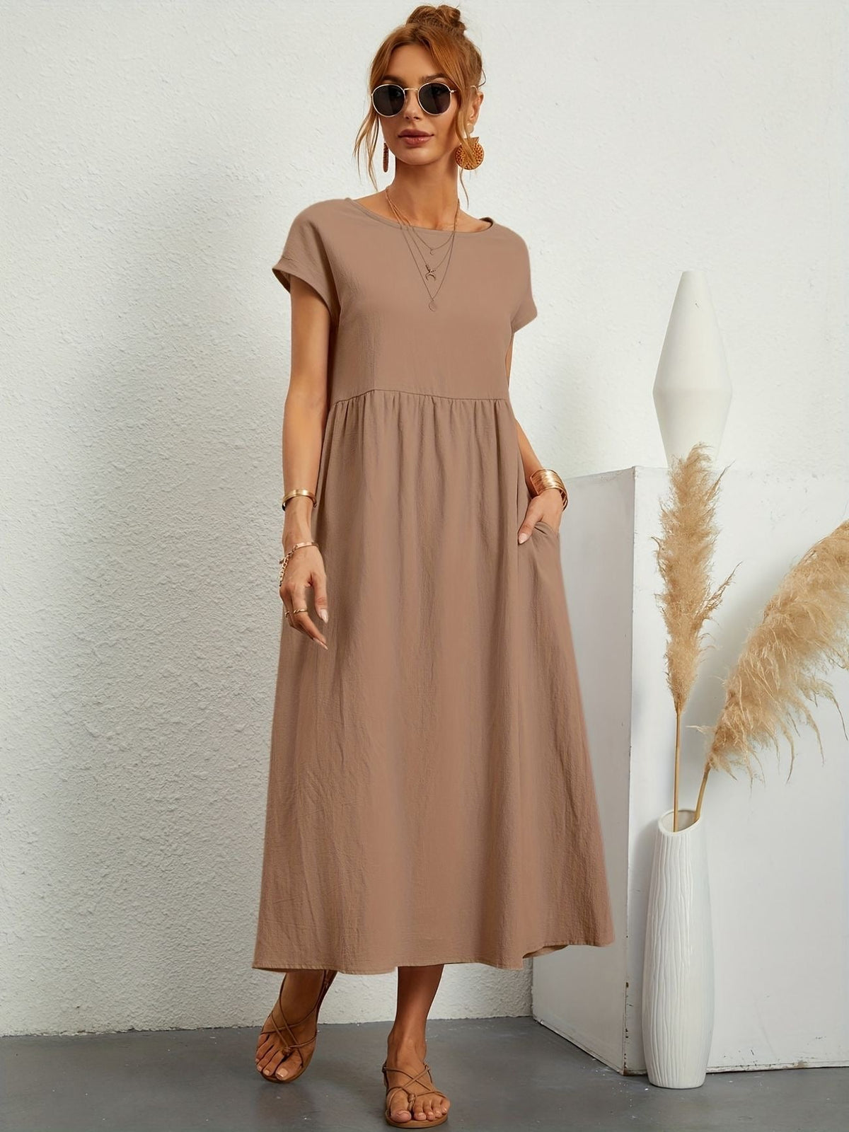 Damen Kleid | Rundhals Taschen Midi