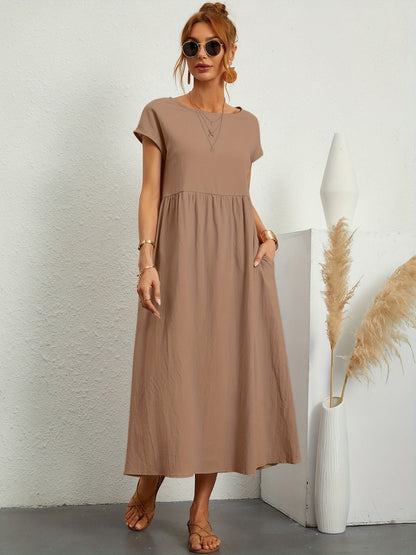 Damen Kleid | Rundhals Taschen Midi