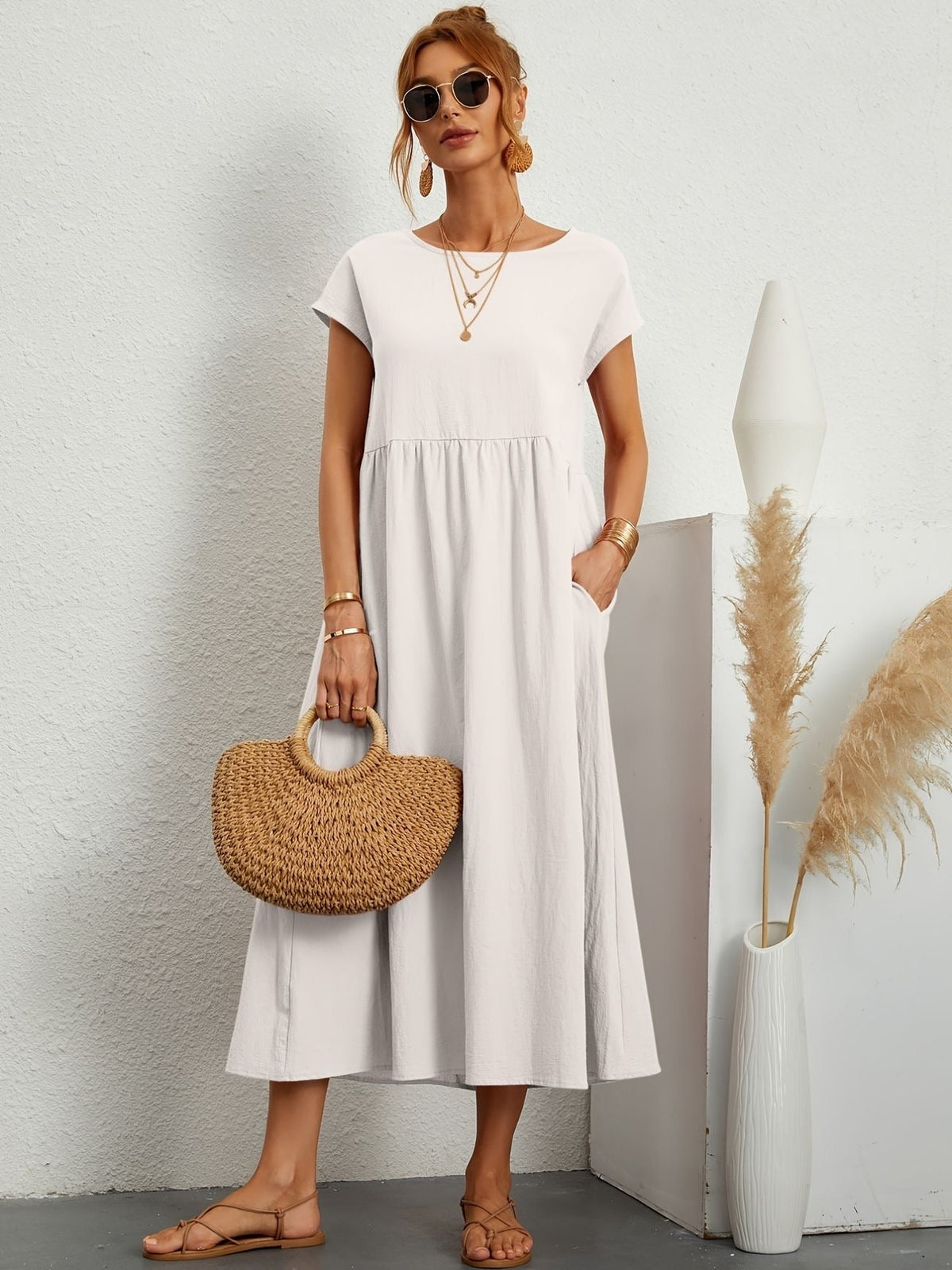 Damen Kleid | Rundhals Taschen Midi