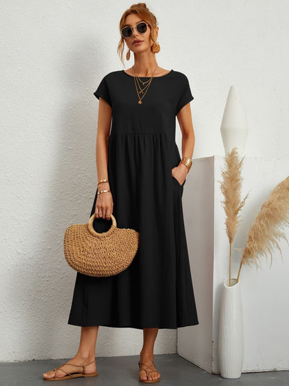 Damen Kleid | Rundhals Taschen Midi
